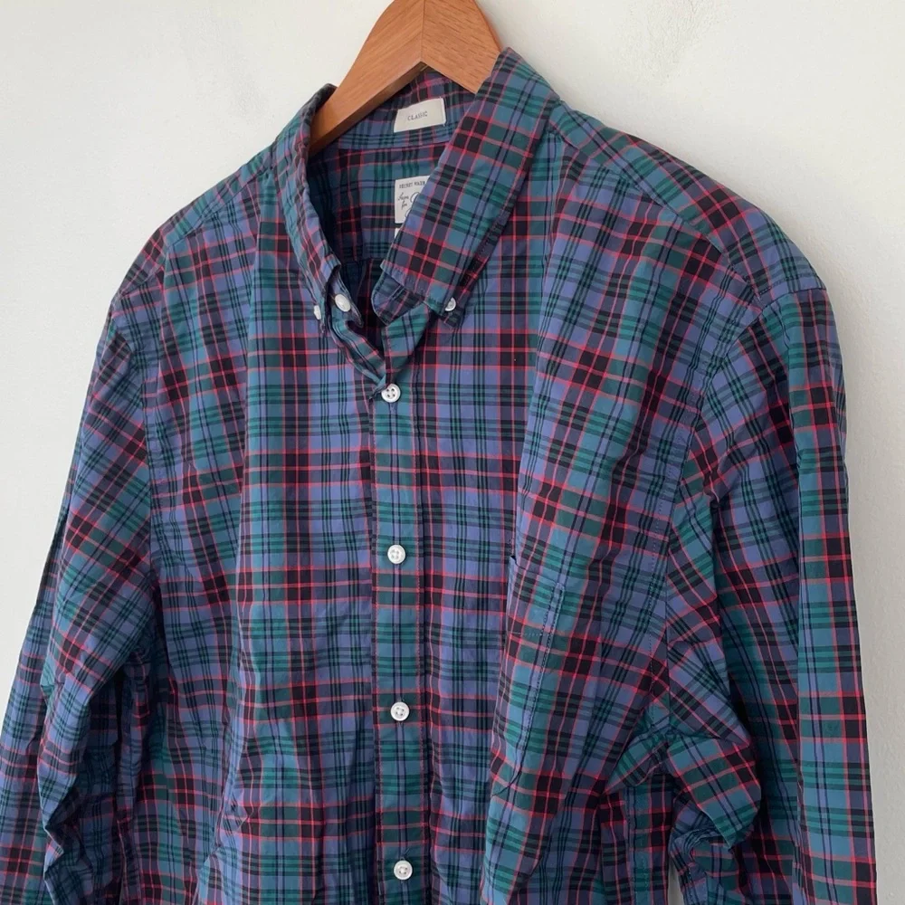 J Crew Secret Wash Cotton Poplin Shirt Long Sleeve Button Down Plaid XL